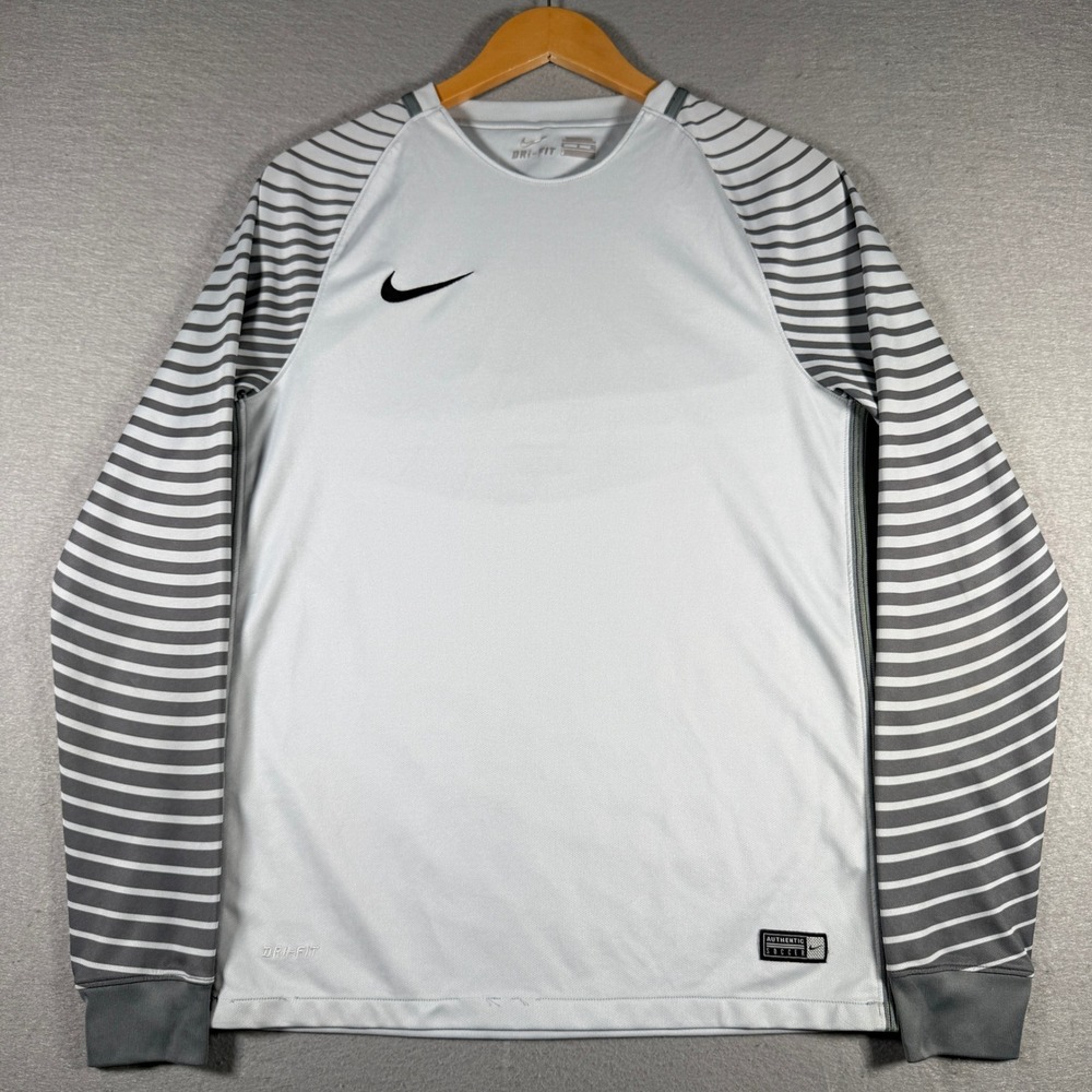 Nike Mens Dri-FIT Soccer Training Jersey Gray Striped Long Sleeve 725882-043 S